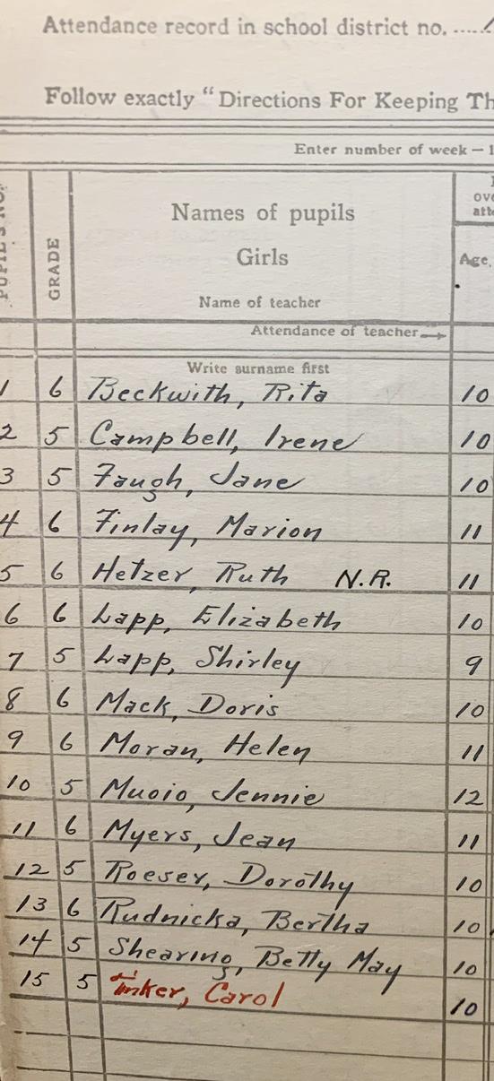 Handwritten list of female student names from old register